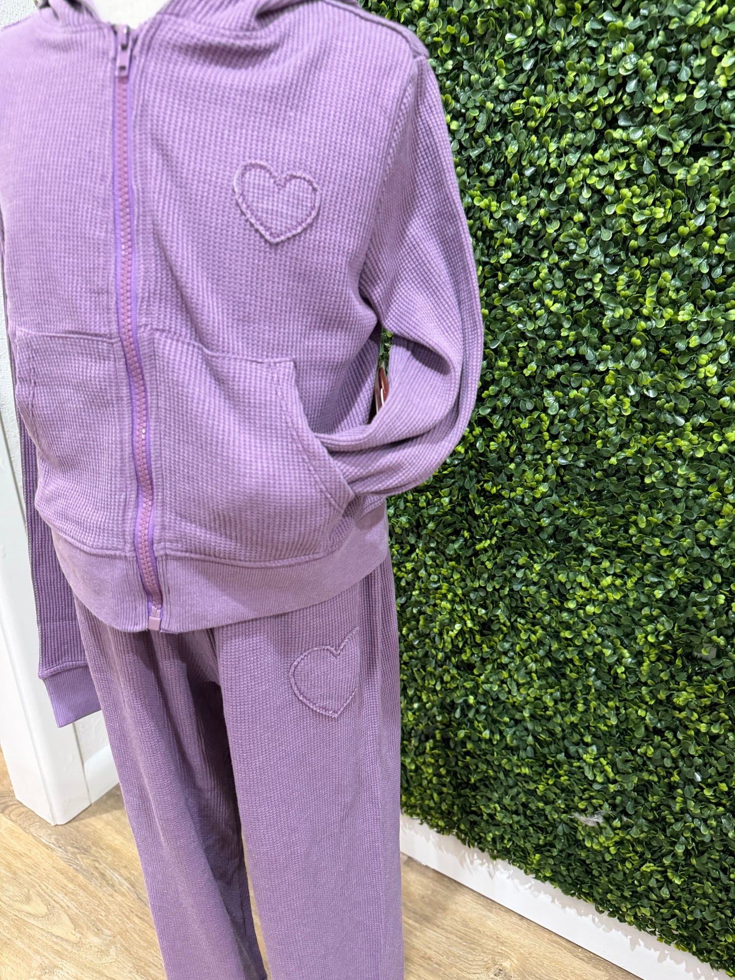 Acid Wash Heart Applique Thermal Hoodie Set | Purple