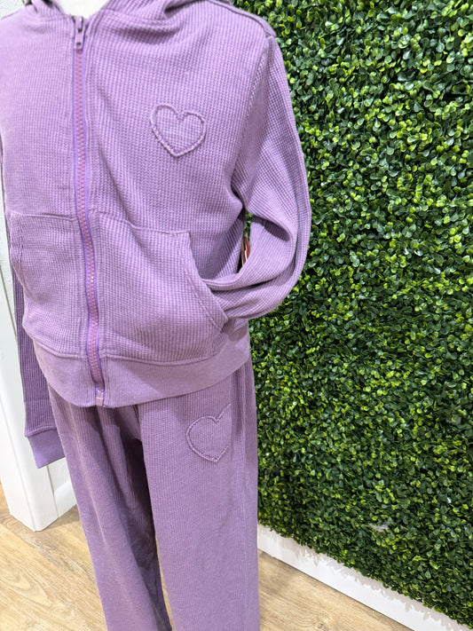 Acid Wash Heart Applique Thermal Hoodie Set | Purple