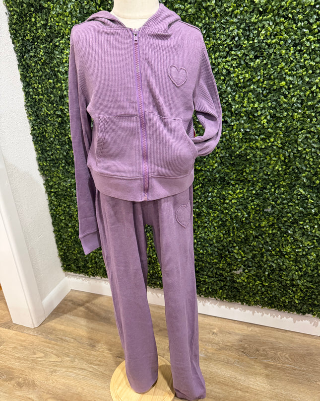 Acid Wash Heart Applique Thermal Hoodie Set | Purple
