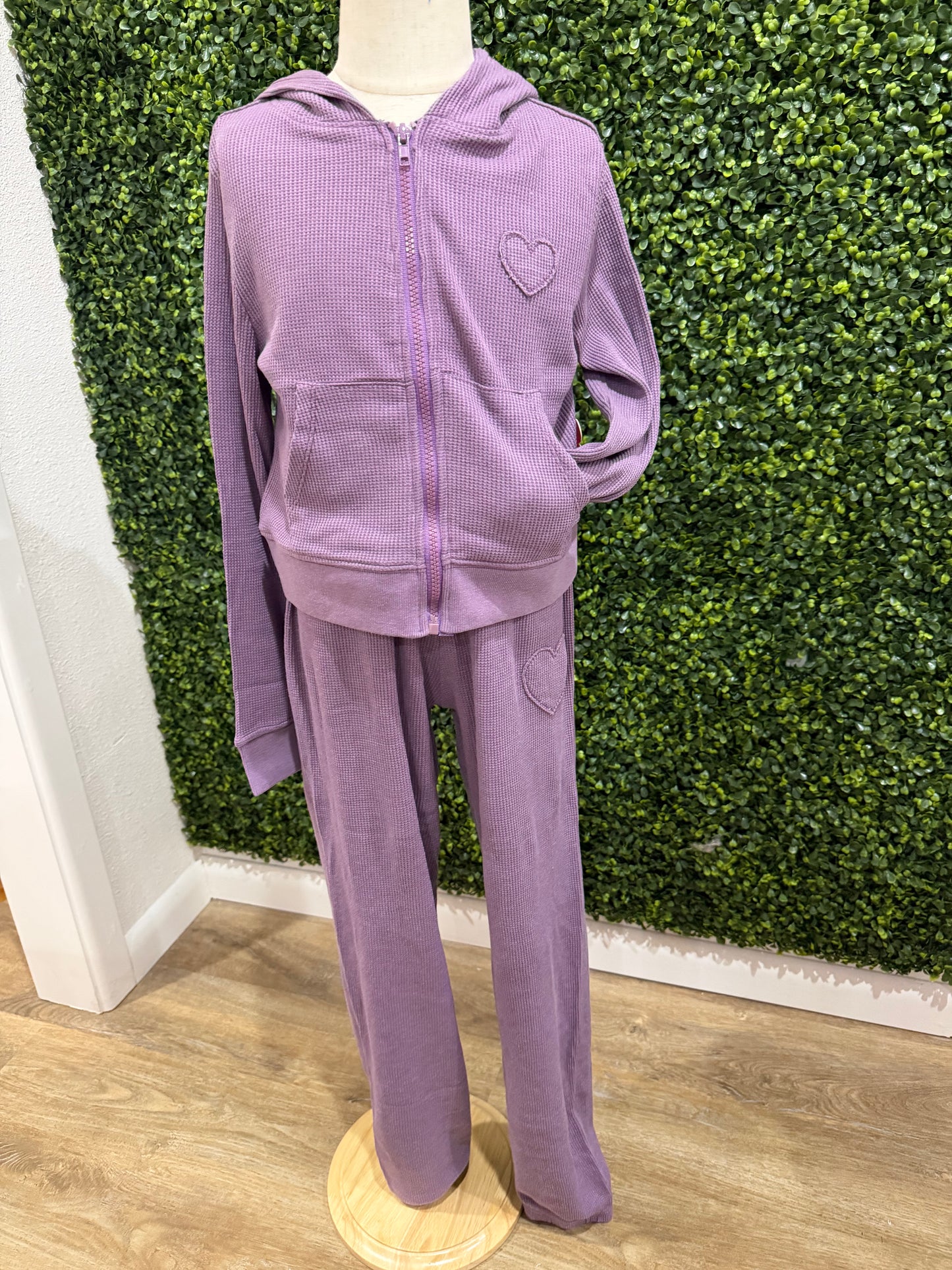 Acid Wash Heart Applique Thermal Hoodie Set | Purple