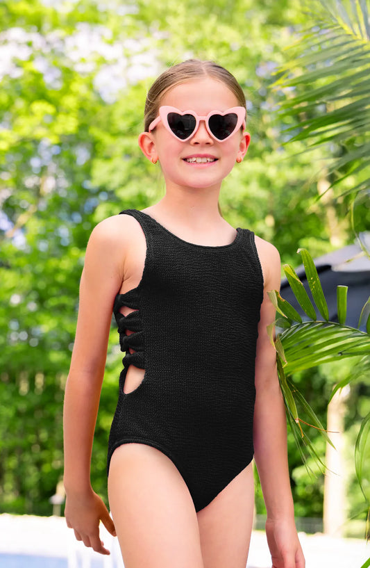 Crinkle Bow Side Cutout One Piece Swimsuit | Black