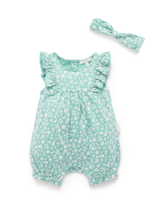 Ruffle Shortie Growsuit + Bow | Teal Floral