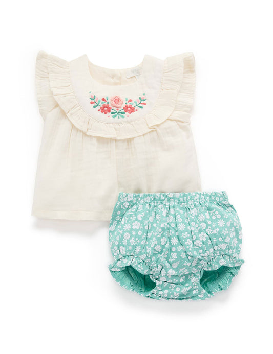 Two Piece Floral Embroidered Set | Cream + Teal