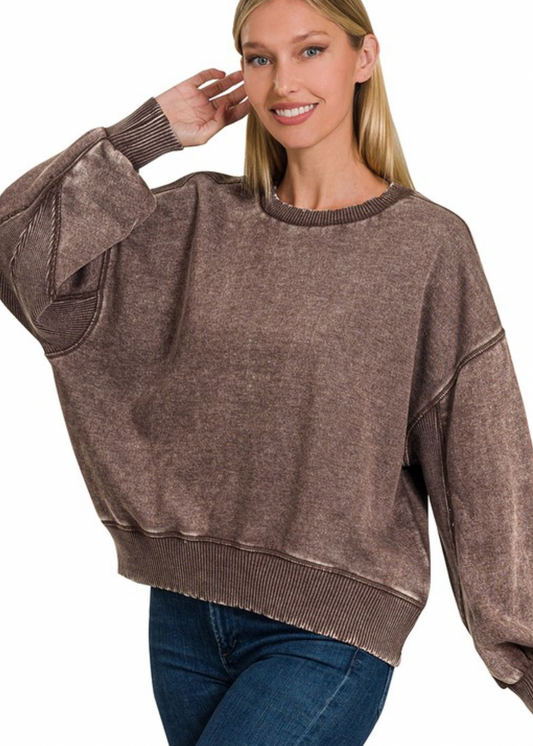 Acid Wash Oversized Fleece Pullover: Brown