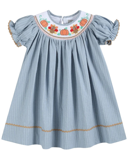 Light Blue Pinstripe Turkey Smocked Dress