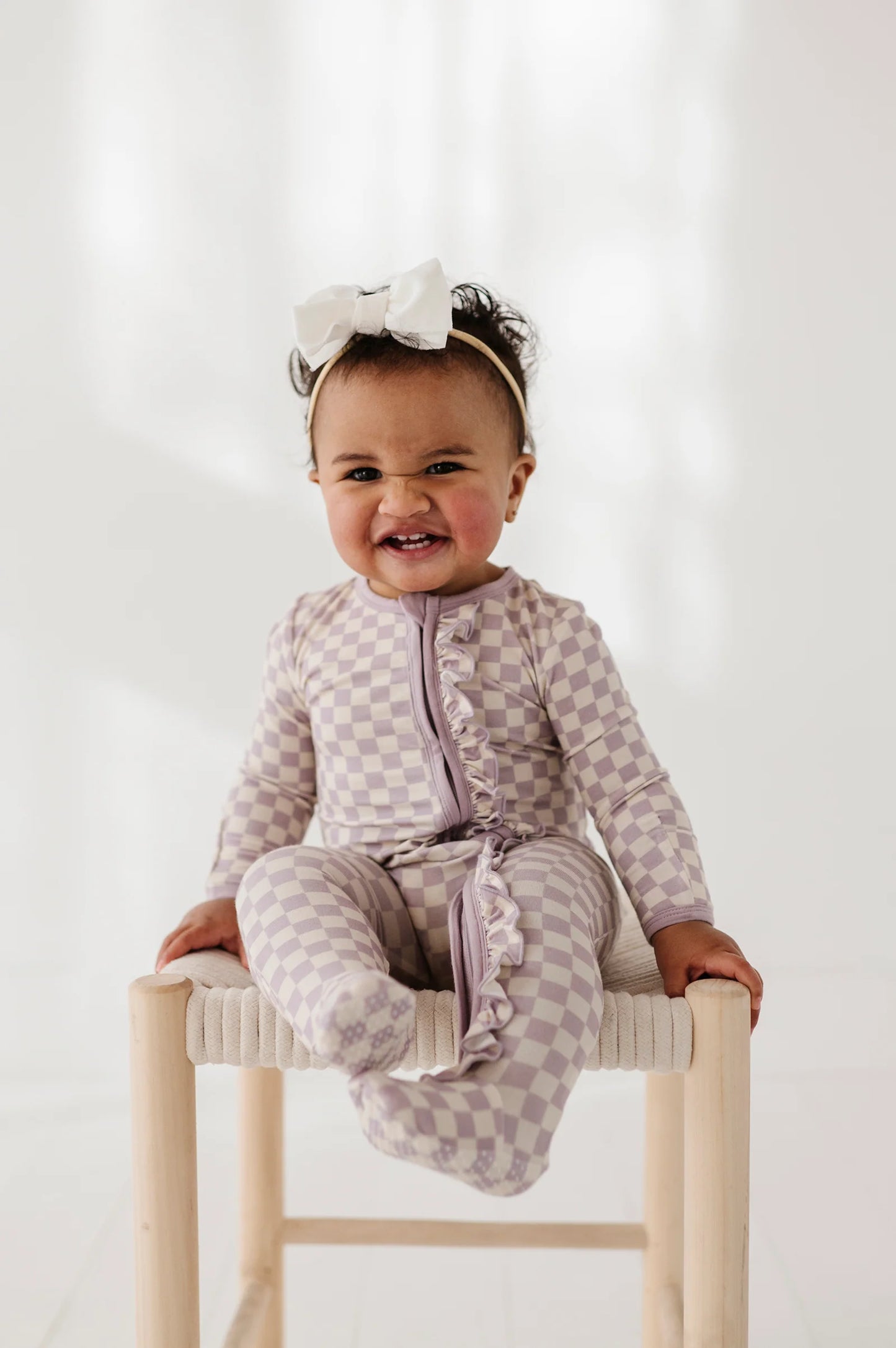 Lavender Cloud Checkered Footie Romper