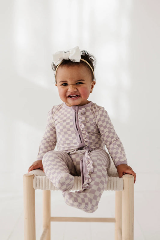 Lavender Cloud Checkered Footie Romper