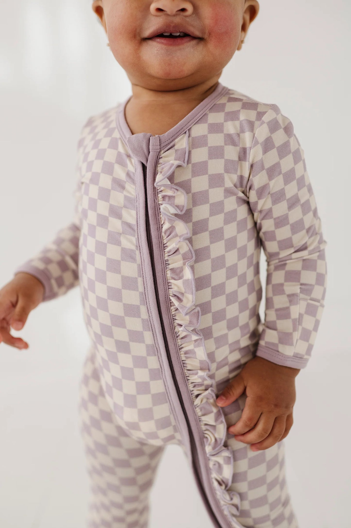Lavender Cloud Checkered Footie Romper