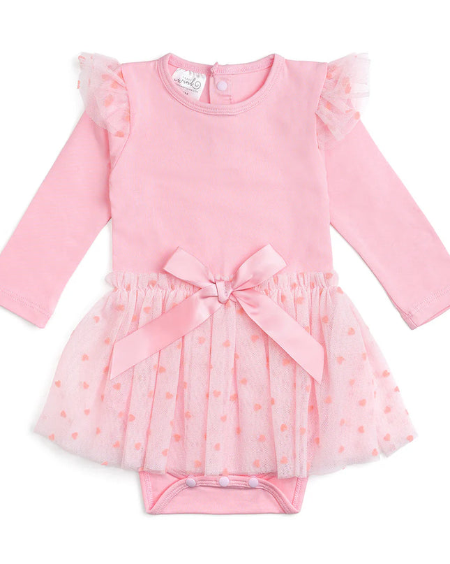 Flocked Heart Long Sleeve Valentine’s Day Tutu Bodysuit