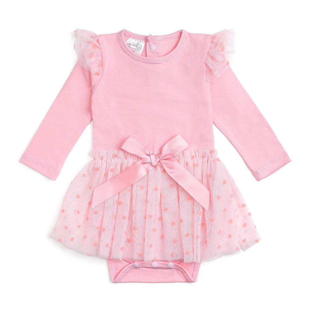 Flocked Heart Long Sleeve Valentine’s Day Tutu Bodysuit