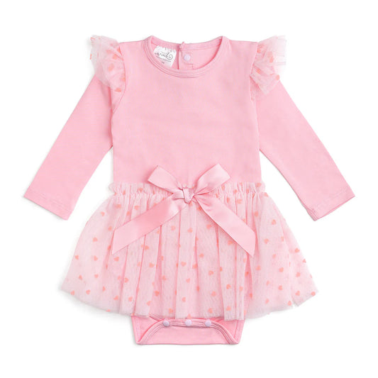 Flocked Heart Long Sleeve Valentine’s Day Tutu Bodysuit
