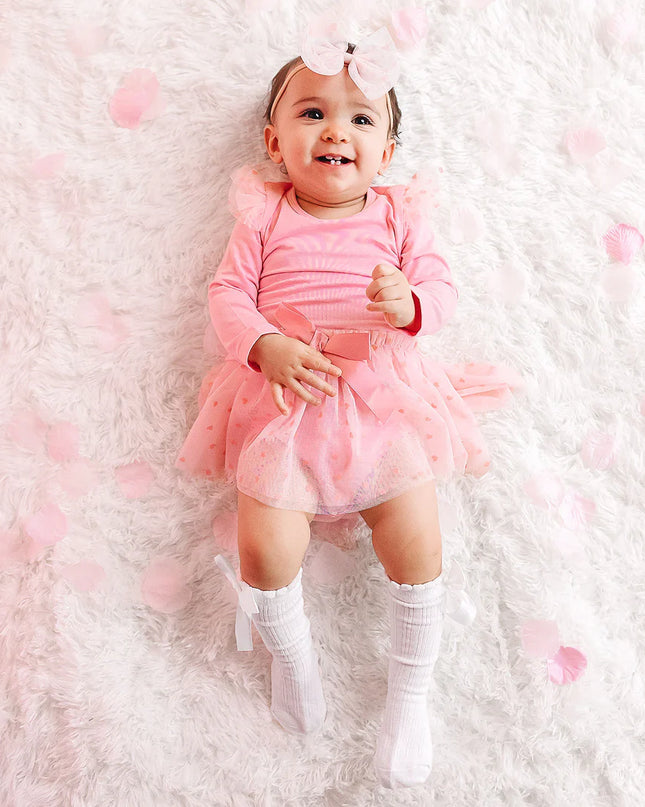 Flocked Heart Long Sleeve Valentine’s Day Tutu Bodysuit