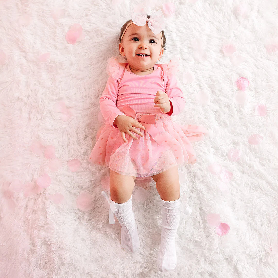 Flocked Heart Long Sleeve Valentine’s Day Tutu Bodysuit