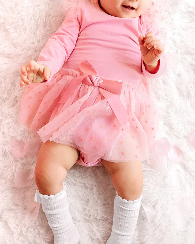 Flocked Heart Long Sleeve Valentine’s Day Tutu Bodysuit