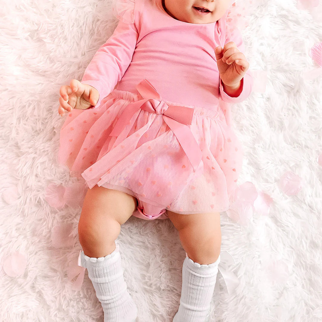 Flocked Heart Long Sleeve Valentine’s Day Tutu Bodysuit