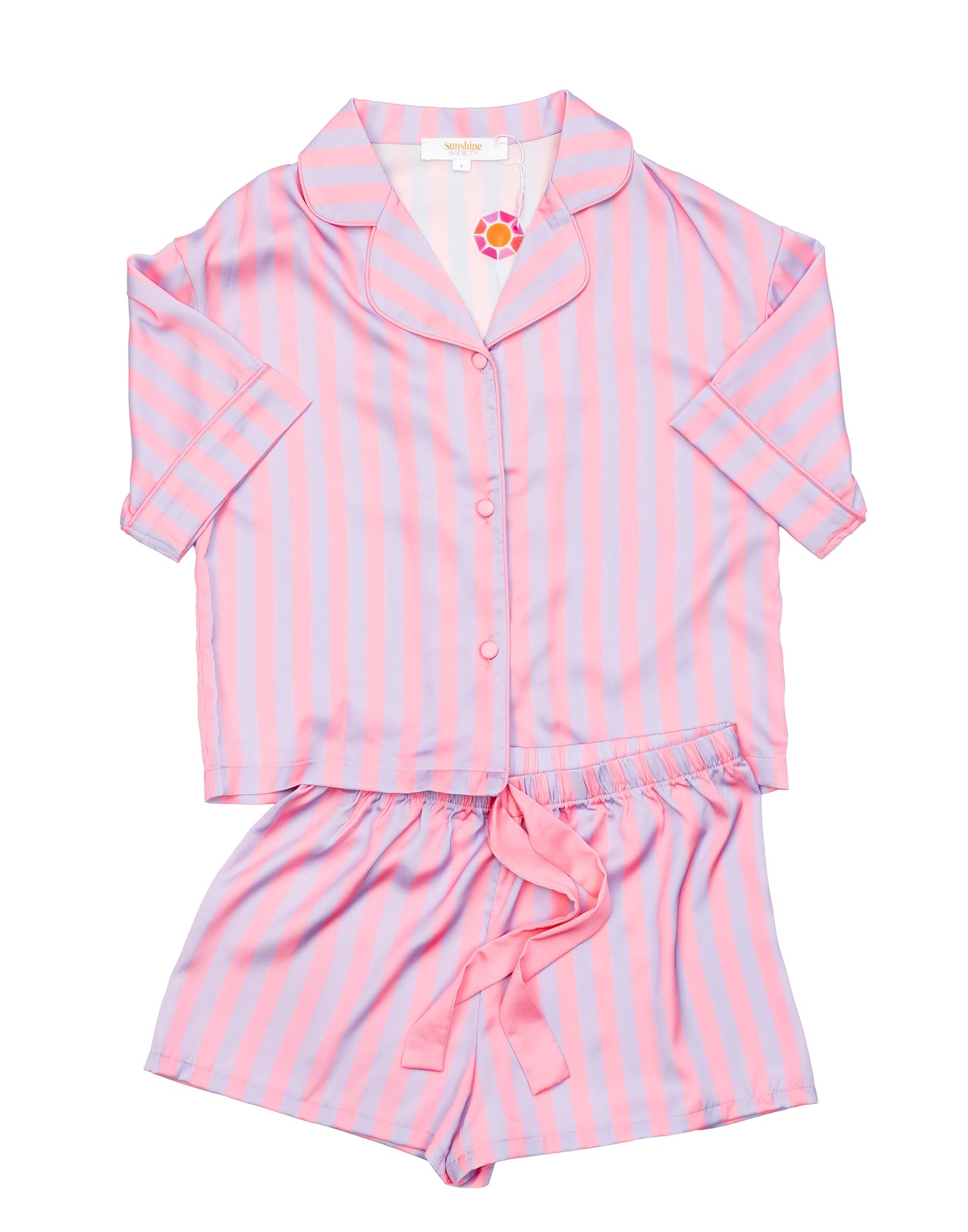 Silky Cotton Candy Stripe Short Sleeve Shorts Set