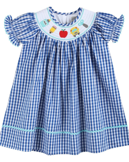 Blue Gingham School Days Smocked Dress