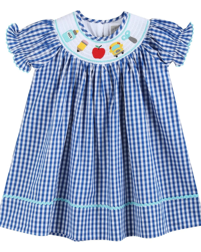 Blue Gingham School Days Smocked Dress