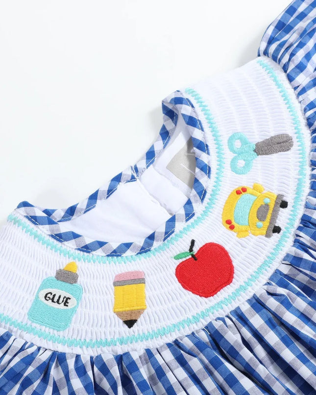 Blue Gingham School Days Smocked Dress
