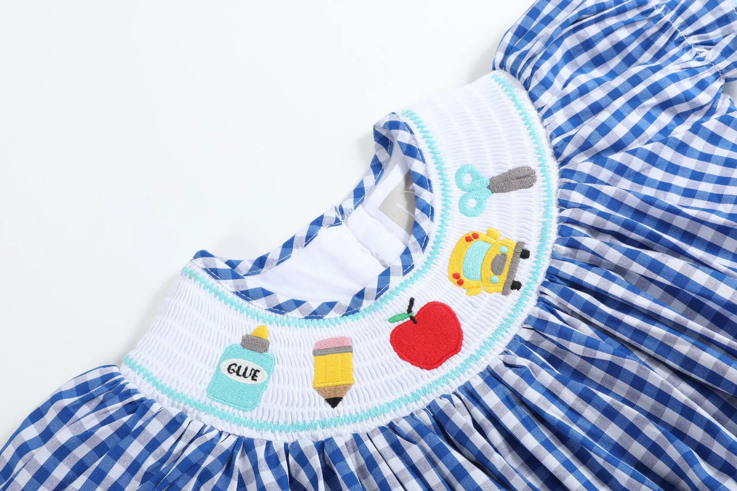 Blue Gingham School Days Smocked Dress