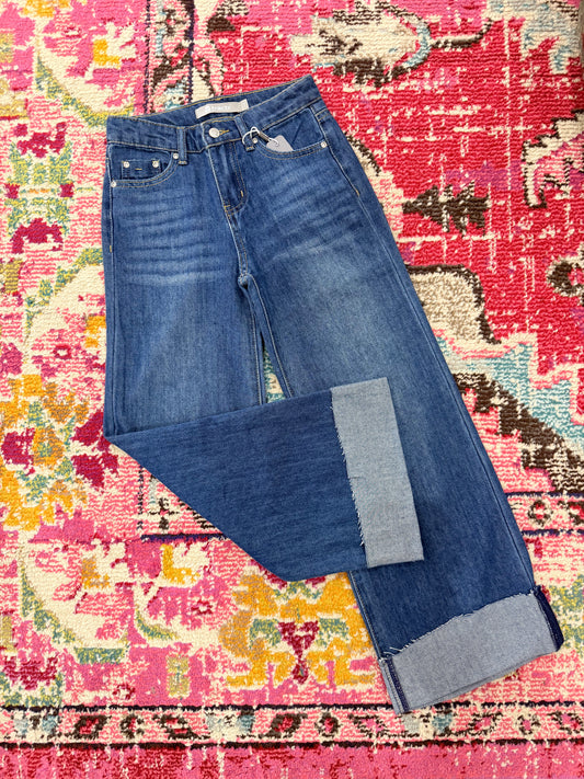 High Rise Wide Leg Cuffed Jeans