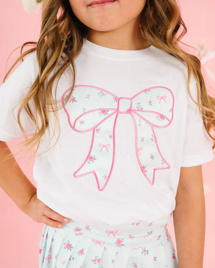 Sky Blue Floral Bow Patch Short Sleeve Tee