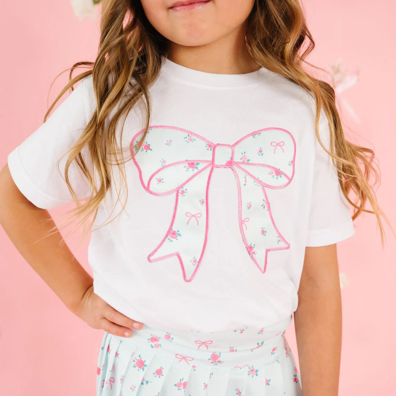 Sky Blue Floral Bow Patch Short Sleeve Tee