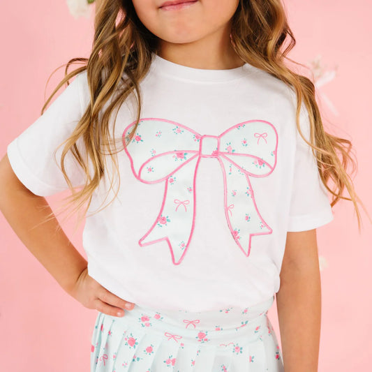 Sky Blue Floral Bow Patch Short Sleeve Tee