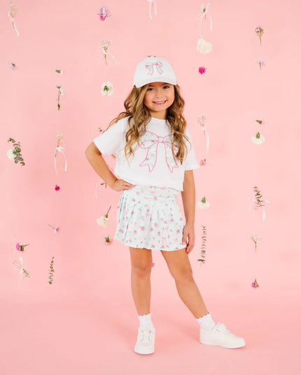 Sky Blue Floral Bow Patch Short Sleeve Tee