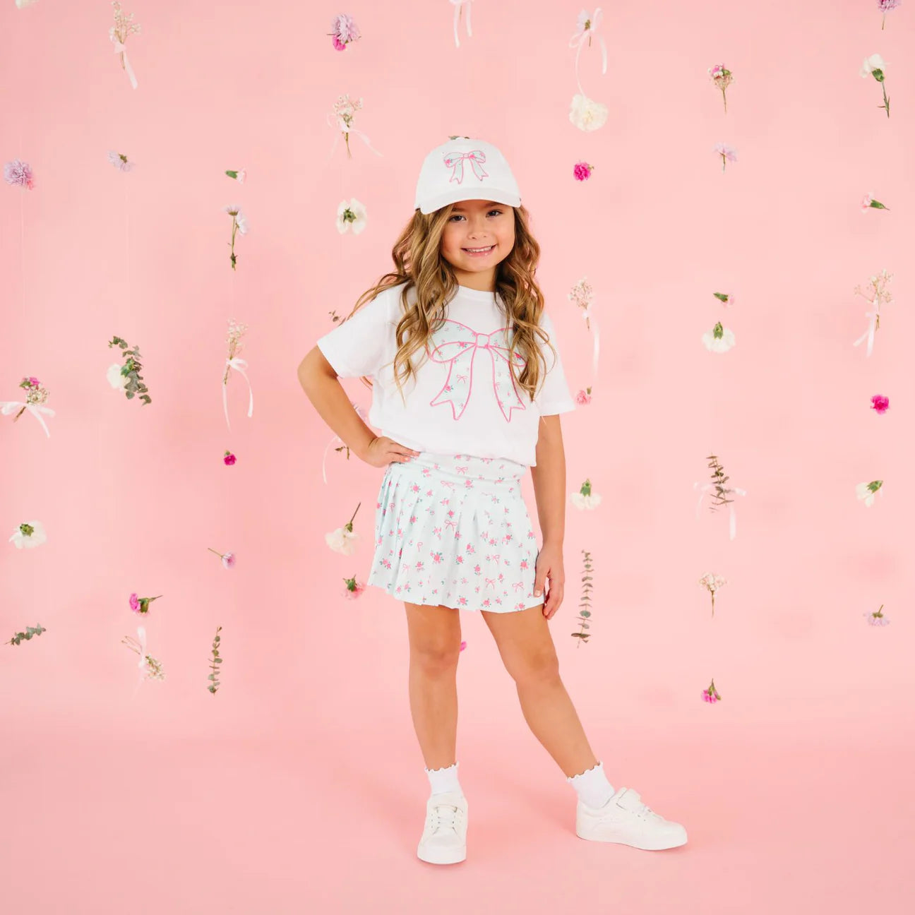 Sky Blue Floral Bow Patch Short Sleeve Tee