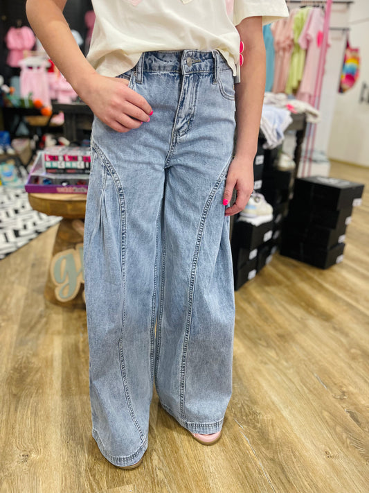 Pleated Side Wide Leg Jeans | Light Indigo