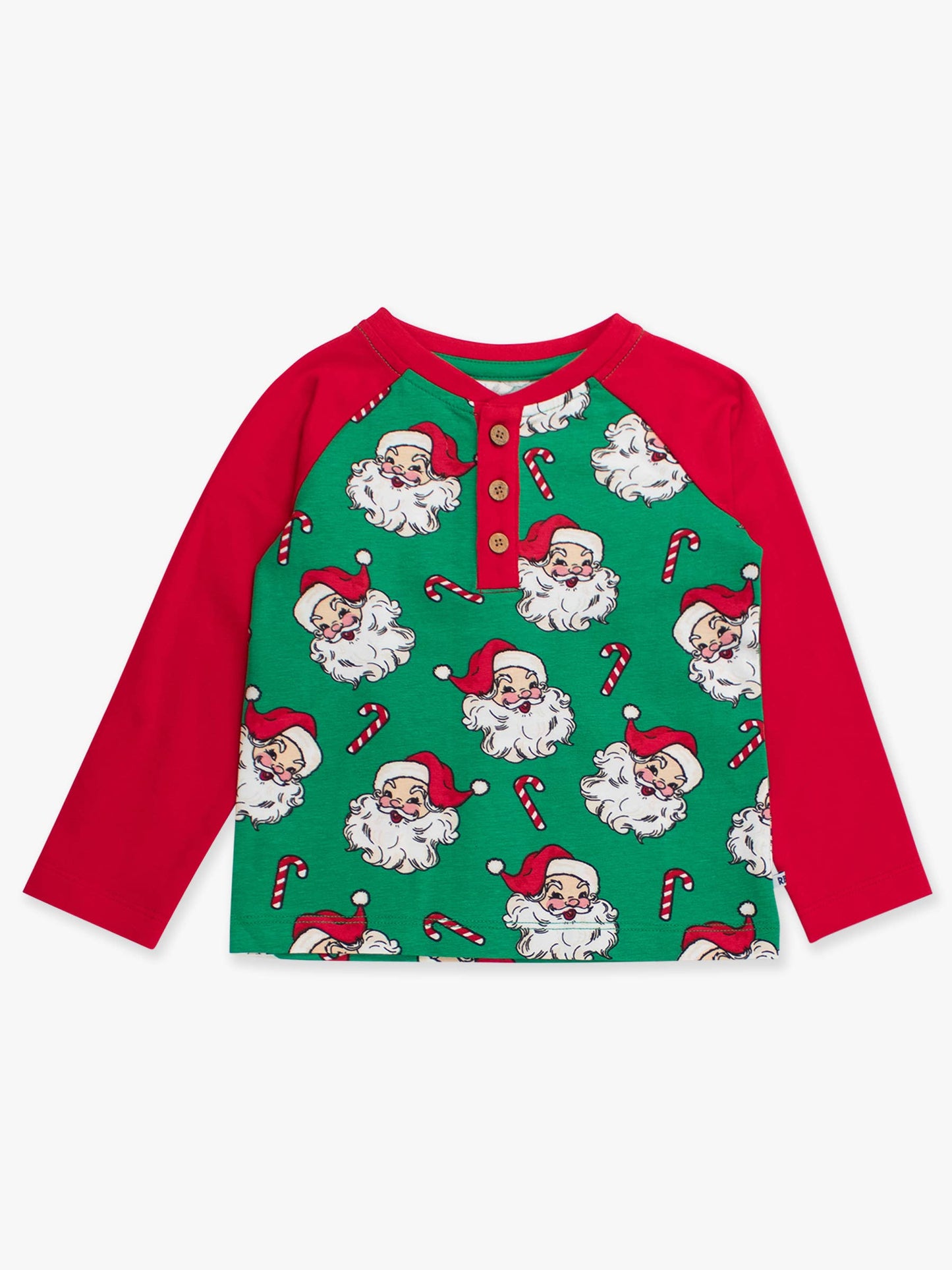 Green Santa Joy Long Sleeve Raglan Henley Tee