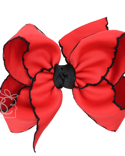 Crochet Edge Bows (Red & Black): 5.5" Huge - 2.25" Ribbon on Alligator Clip