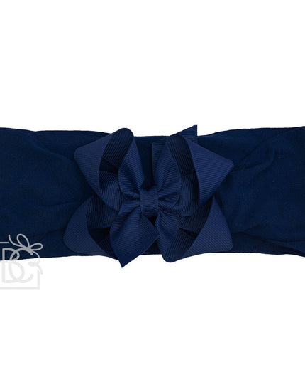 WIDE PANTYHOSE HEADBAND W/CLASSIC GROSGRAIN BOW: AQUAMARINE / 3+ Months / 4.5" Large