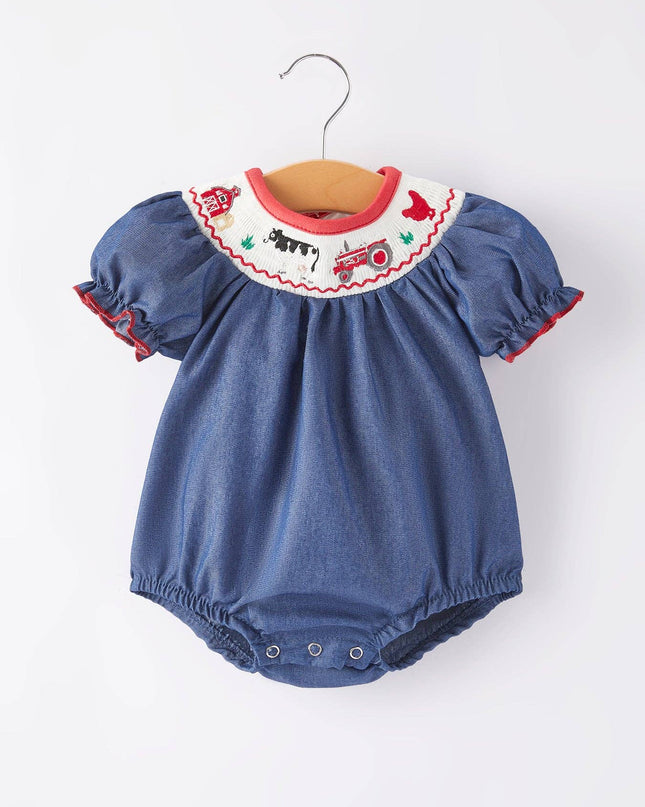 Girls Farm Smocking Embroidered Blue Dress: 12M