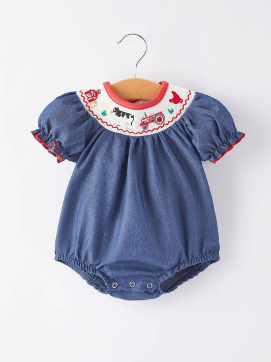 Girls Farm Smocking Embroidered Blue Dress: 12M