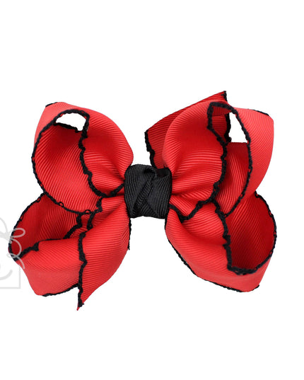 Crochet Edge Bows (Red & Black): 5.5" Huge - 2.25" Ribbon on Alligator Clip