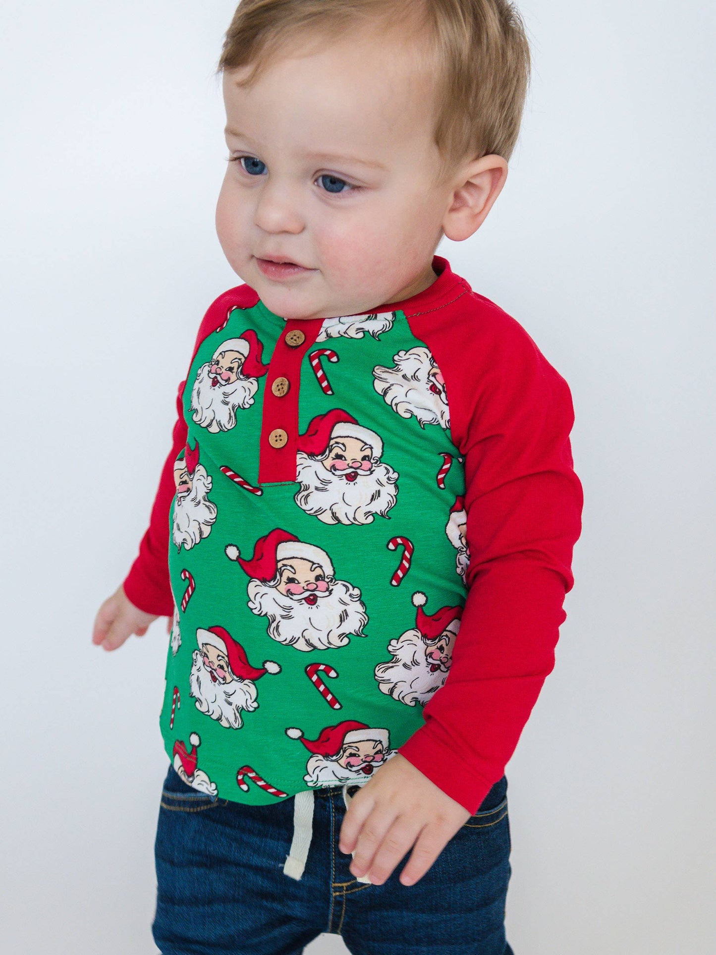 Green Santa Joy Long Sleeve Raglan Henley Tee