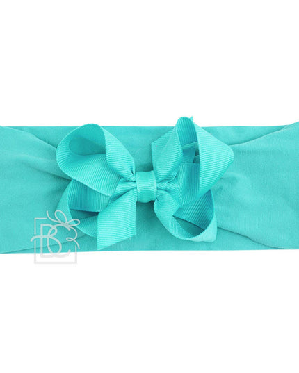 WIDE PANTYHOSE HEADBAND W/CLASSIC GROSGRAIN BOW: AQUAMARINE / 3+ Months / 4.5" Large