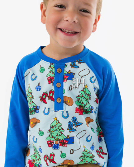Blue Yuletide Yeehaw Long Sleeve Raglan Henley Tee
