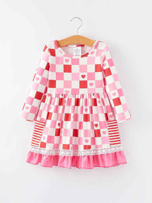 Valentine's Day Checkerboard Print Pink Pocket Dress: 2