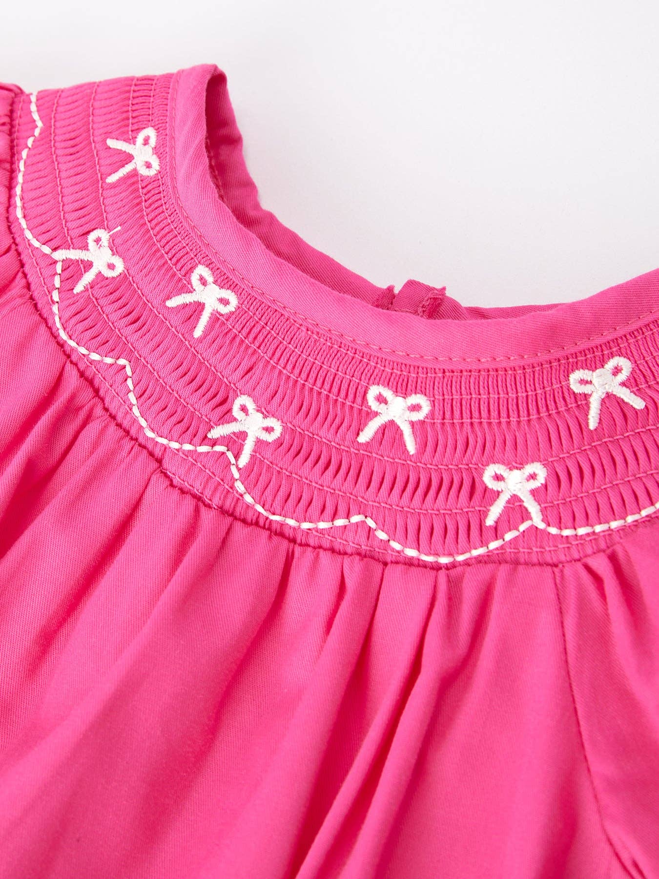 Smocking Bow Embroidery Hot Pink Romper