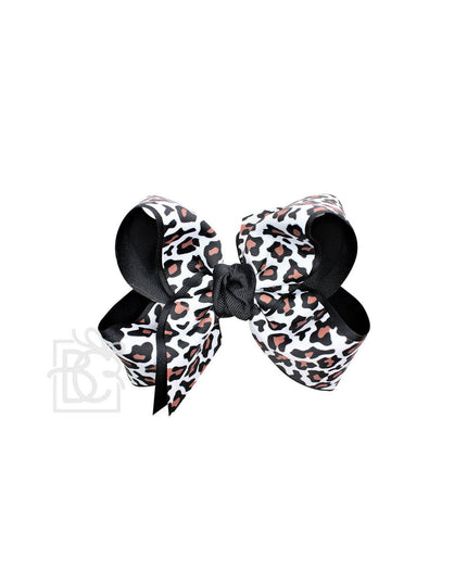 LAYERED LEOPARD BOW ON CLIP: 6.5" Jumbo - 2.25" & 2" Ribbons on Lg. Alligator Clip / BLACK/MULTI LEOPARD