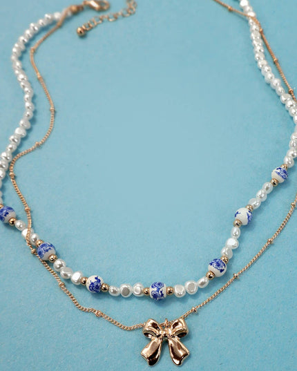Porcelain Pearl + Gold Bow Necklace