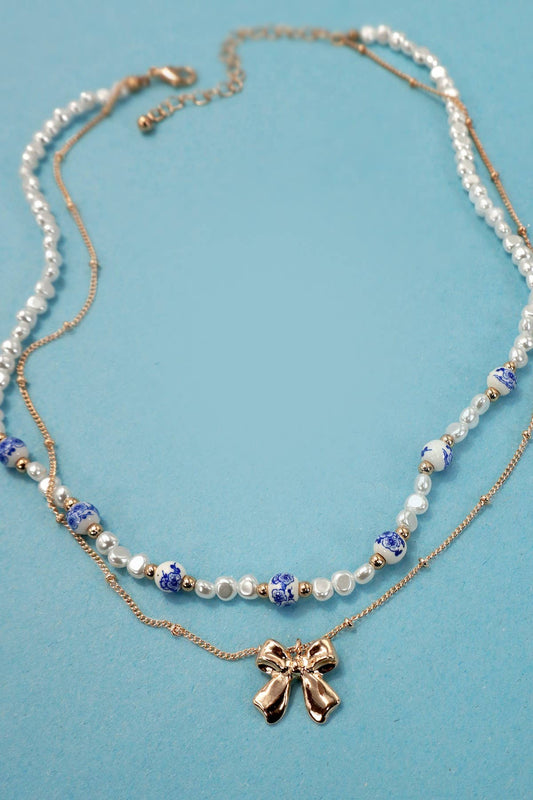 Porcelain Pearl + Gold Bow Necklace