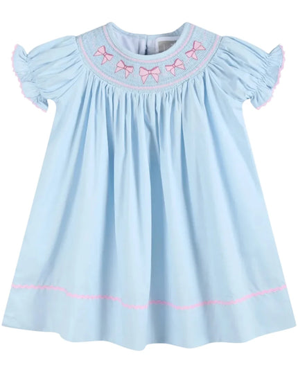 Blue & Pink Bow Smocked Bishop Dress