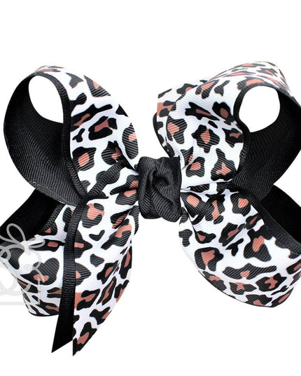 LAYERED LEOPARD BOW ON CLIP: 6.5" Jumbo - 2.25" & 2" Ribbons on Lg. Alligator Clip / OATMEAL/MULTI LEOPARD