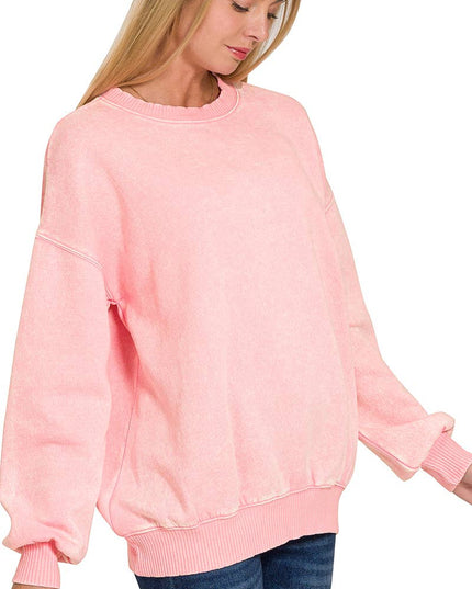 Acid Wash Fleece Oversized Pullover: DK PINK