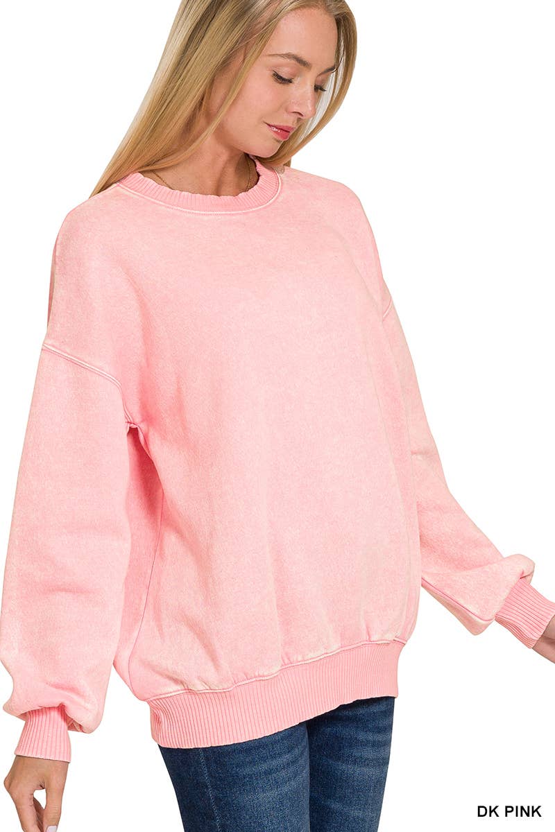 Acid Wash Fleece Oversized Pullover: DK PINK