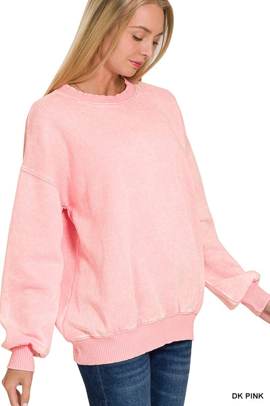Acid Wash Fleece Oversized Pullover: DK PINK